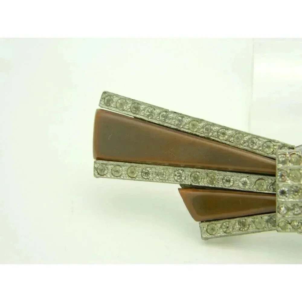 Art Deco Brown Celluloid Clear Rhinestone Belt Buc